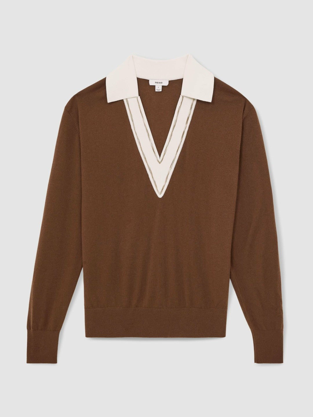 Reiss | Wool Collared Cricket Jumper in Chocolate Brown/Ivory