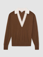 Reiss | Wool Collared Cricket Jumper in Chocolate Brown/Ivory