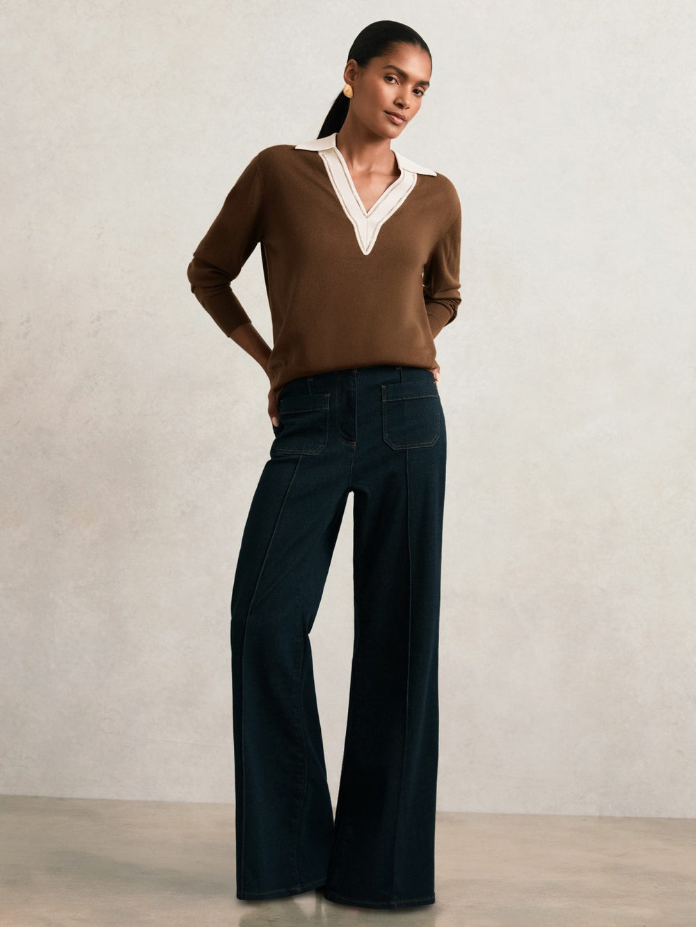 Reiss | Wool Collared Cricket Jumper in Chocolate Brown/Ivory