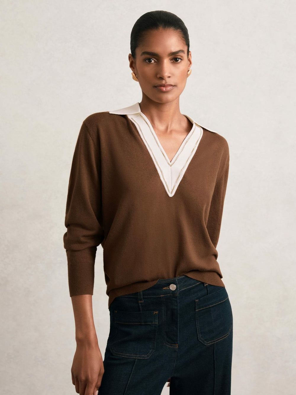 Reiss | Wool Collared Cricket Jumper in Chocolate Brown/Ivory