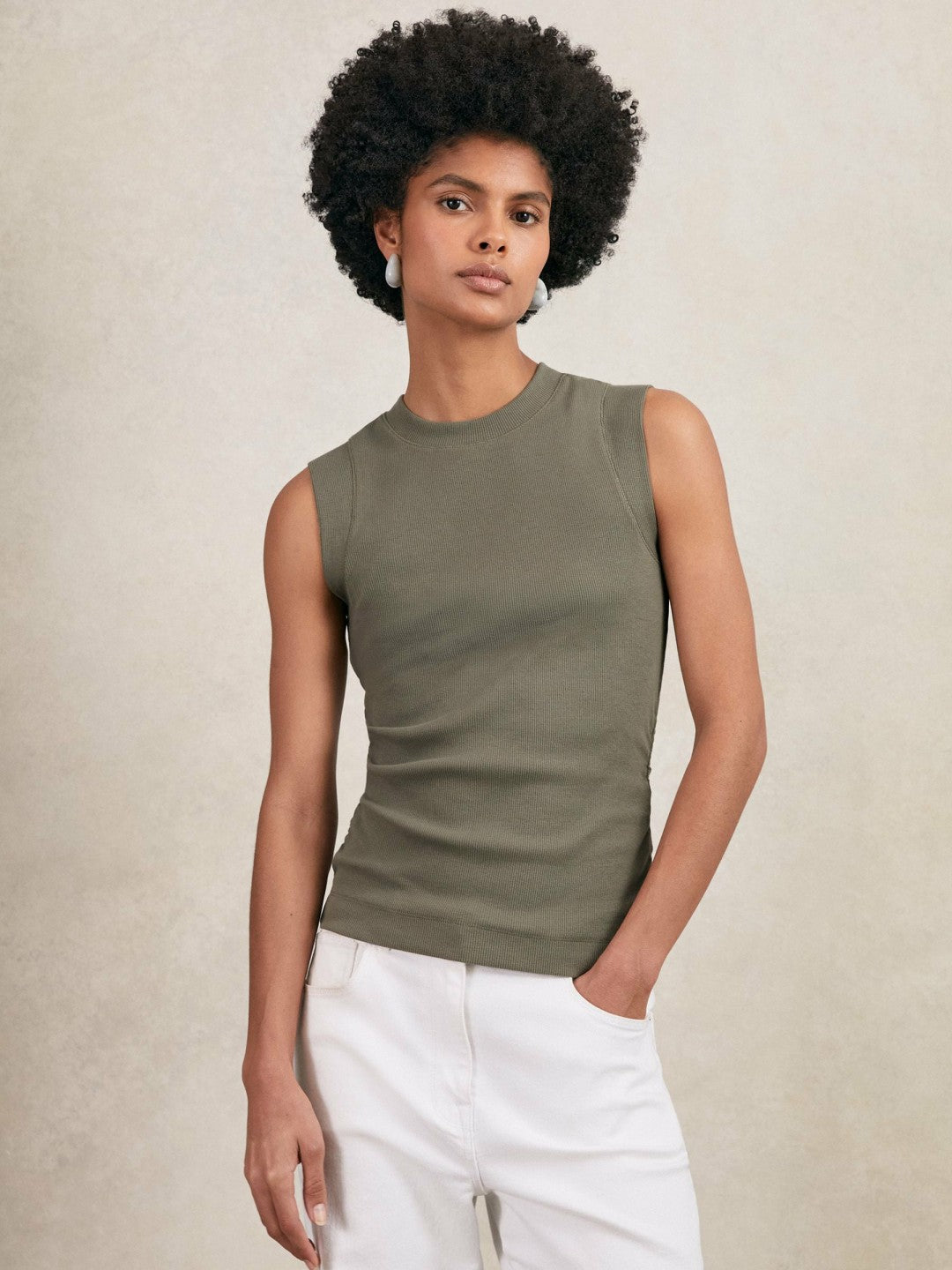 Reiss | Ribbed Ruched Waist Vest in Khaki Green