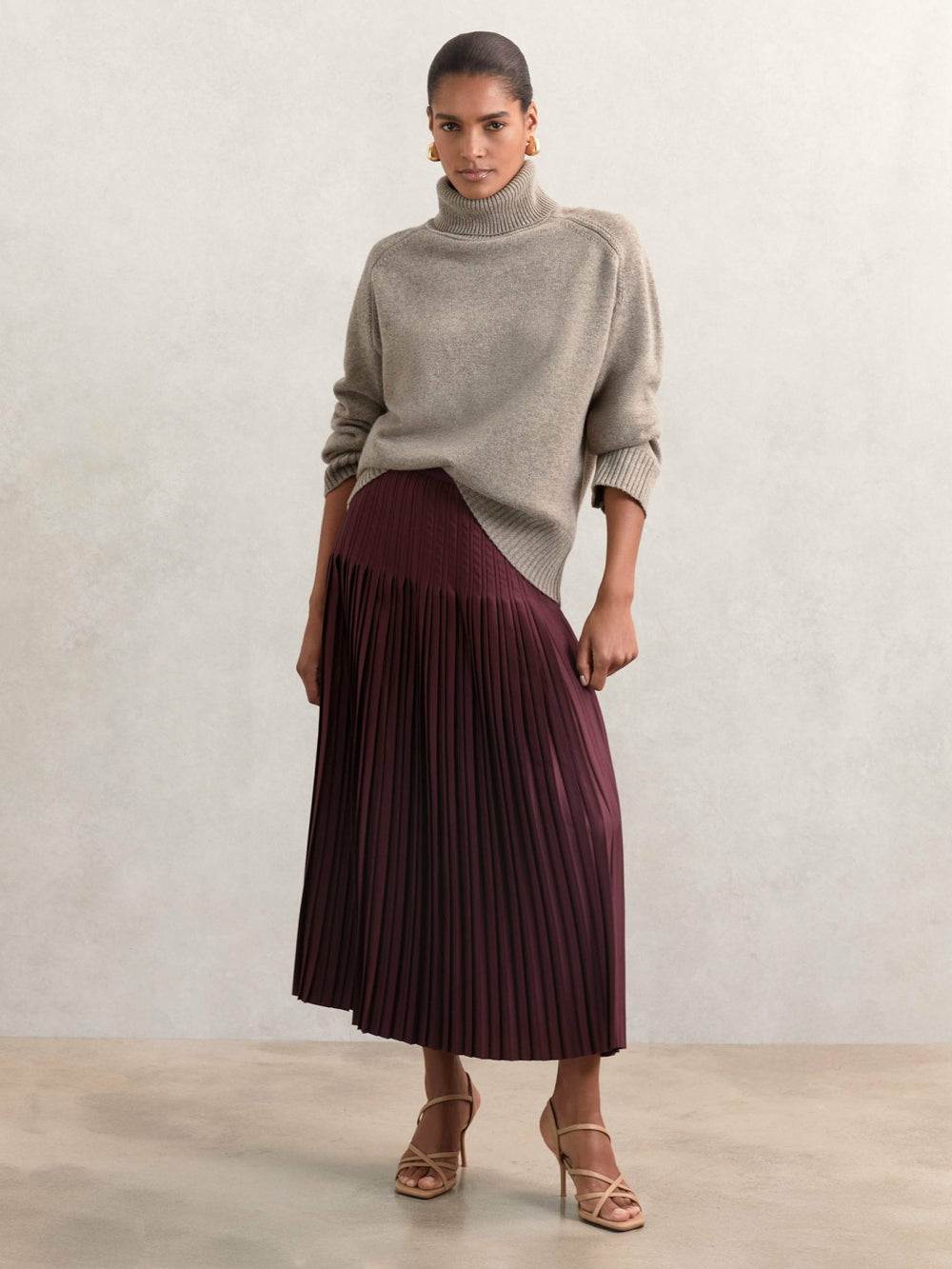 Reiss | Pleated Midi Skirt in Burgundy