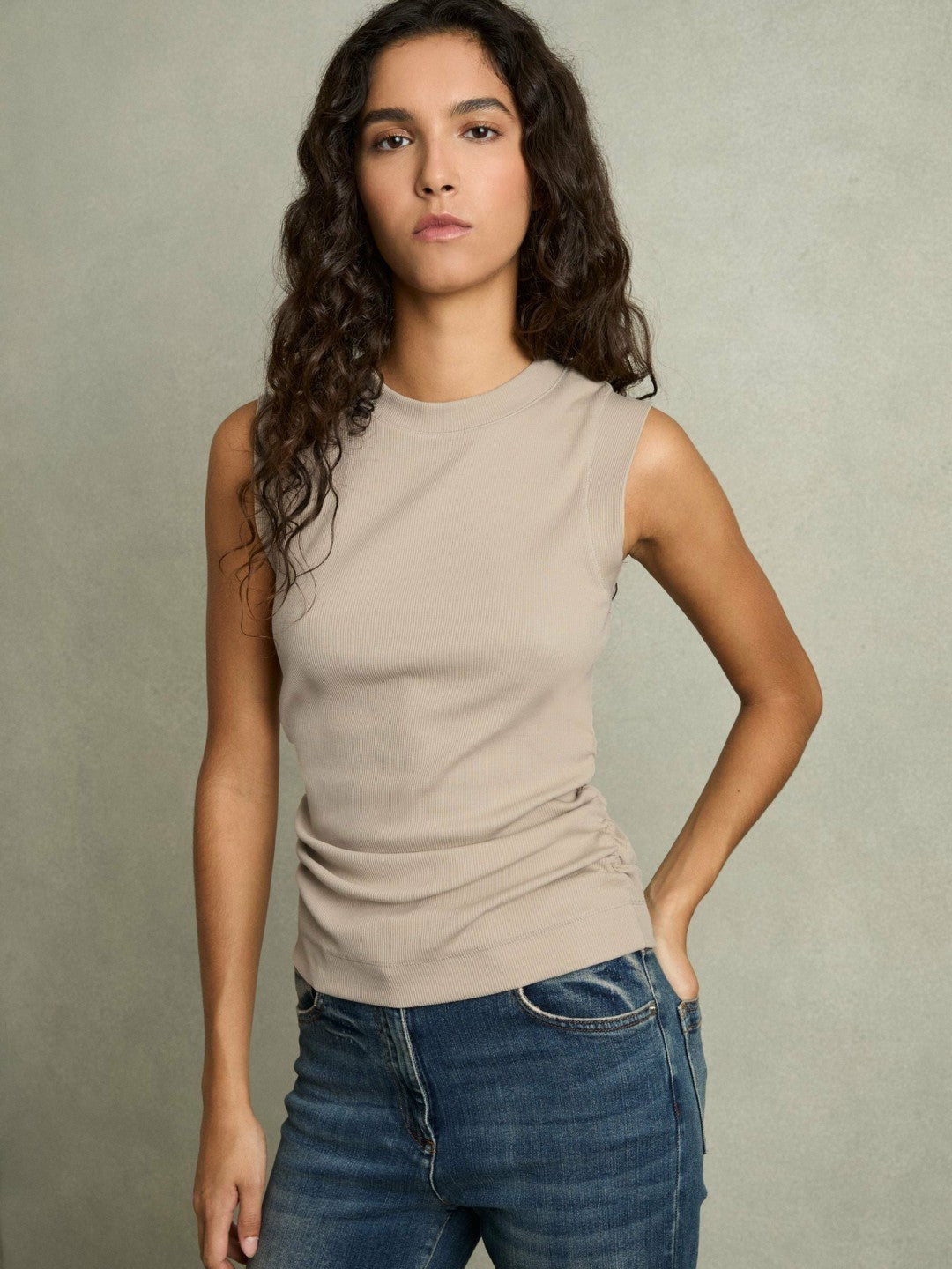 Reiss | Ribbed Ruched Waist Vest in Camel