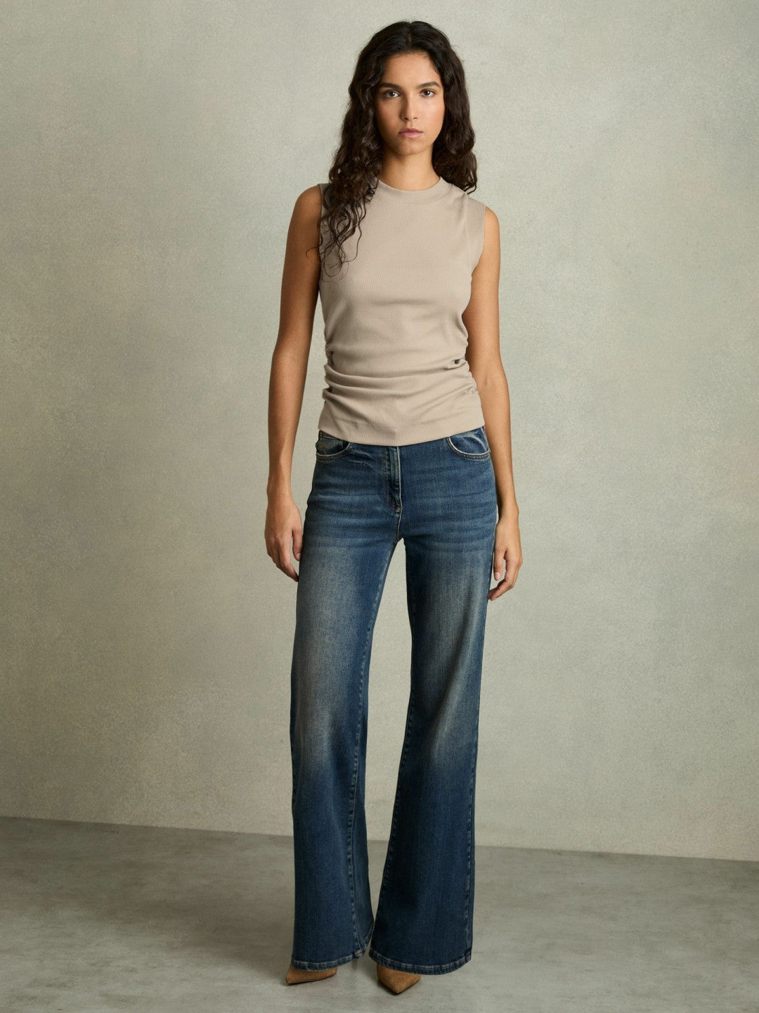 Reiss | Ribbed Ruched Waist Vest in Camel