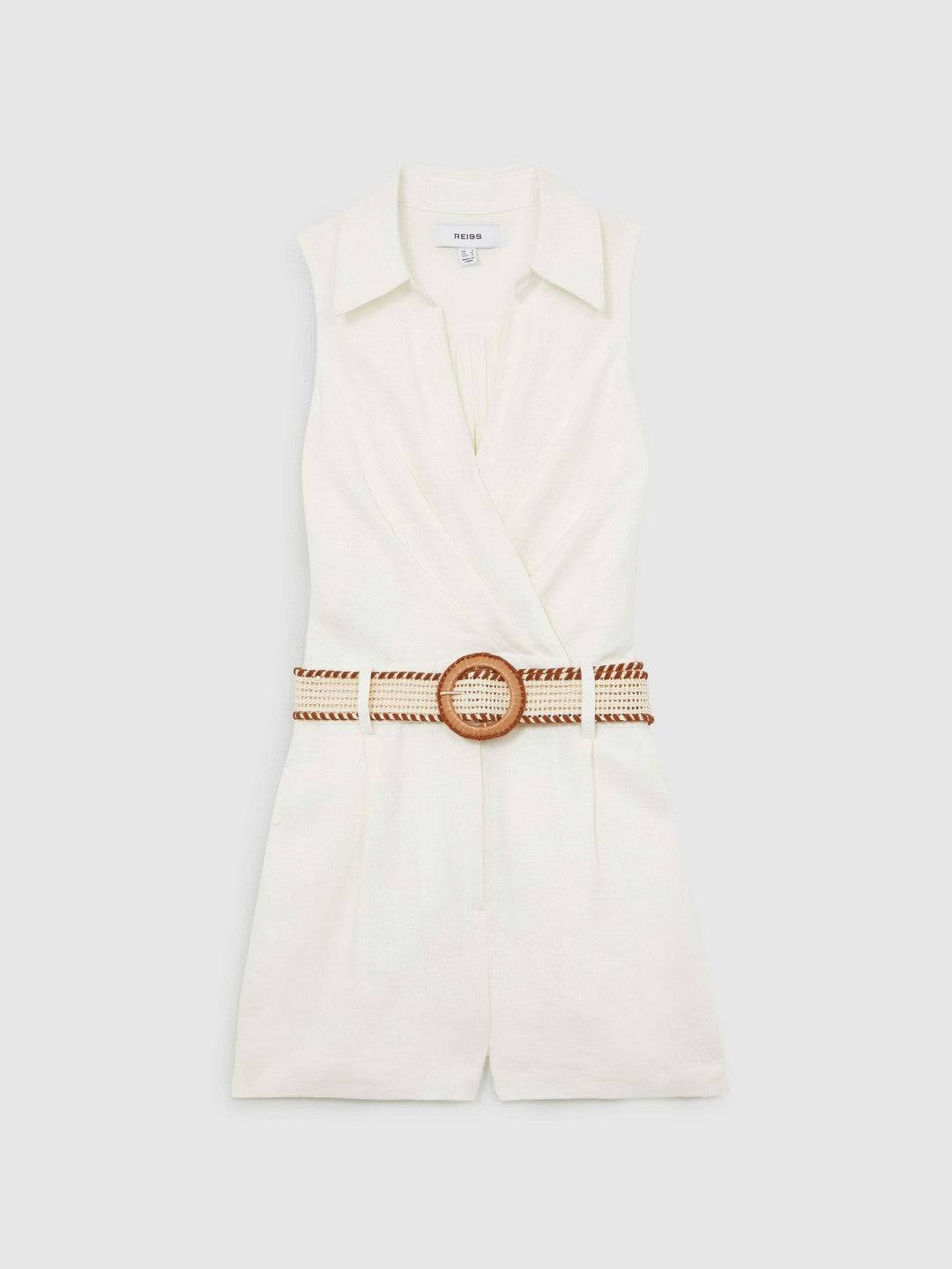 Reiss | Linen Belted Sleeveless Wrap Playsuit in Cream