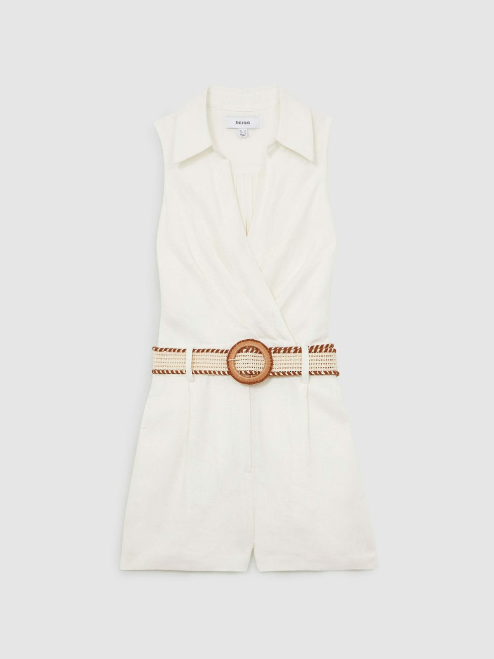 Reiss | Linen Belted Sleeveless Wrap Playsuit in Cream