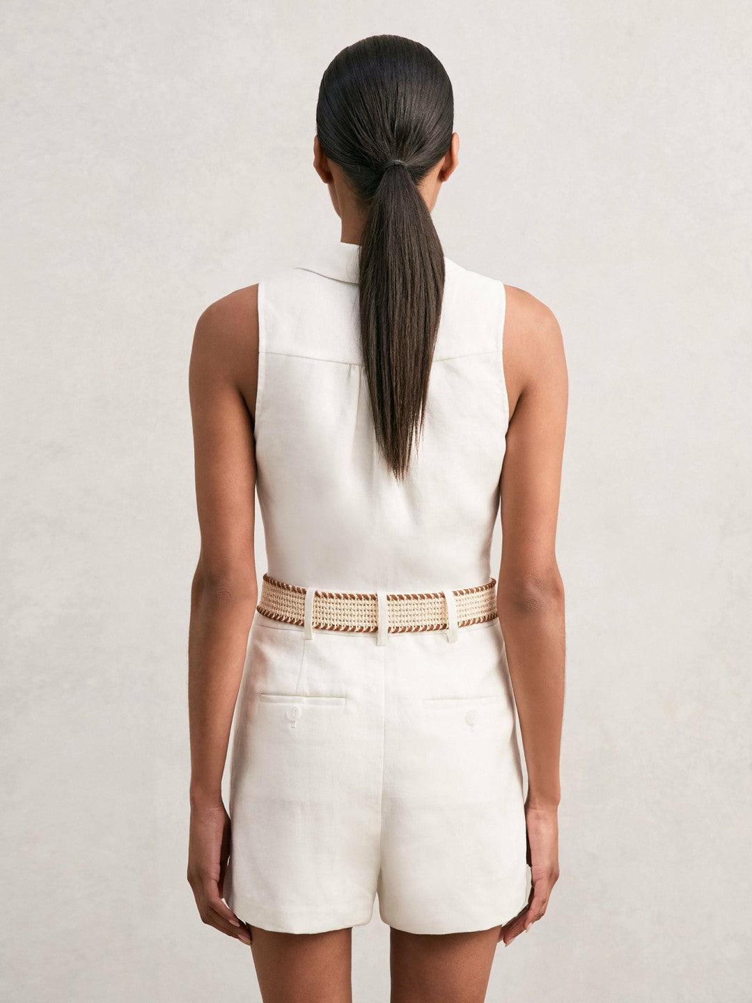 Reiss | Linen Belted Sleeveless Wrap Playsuit in Cream