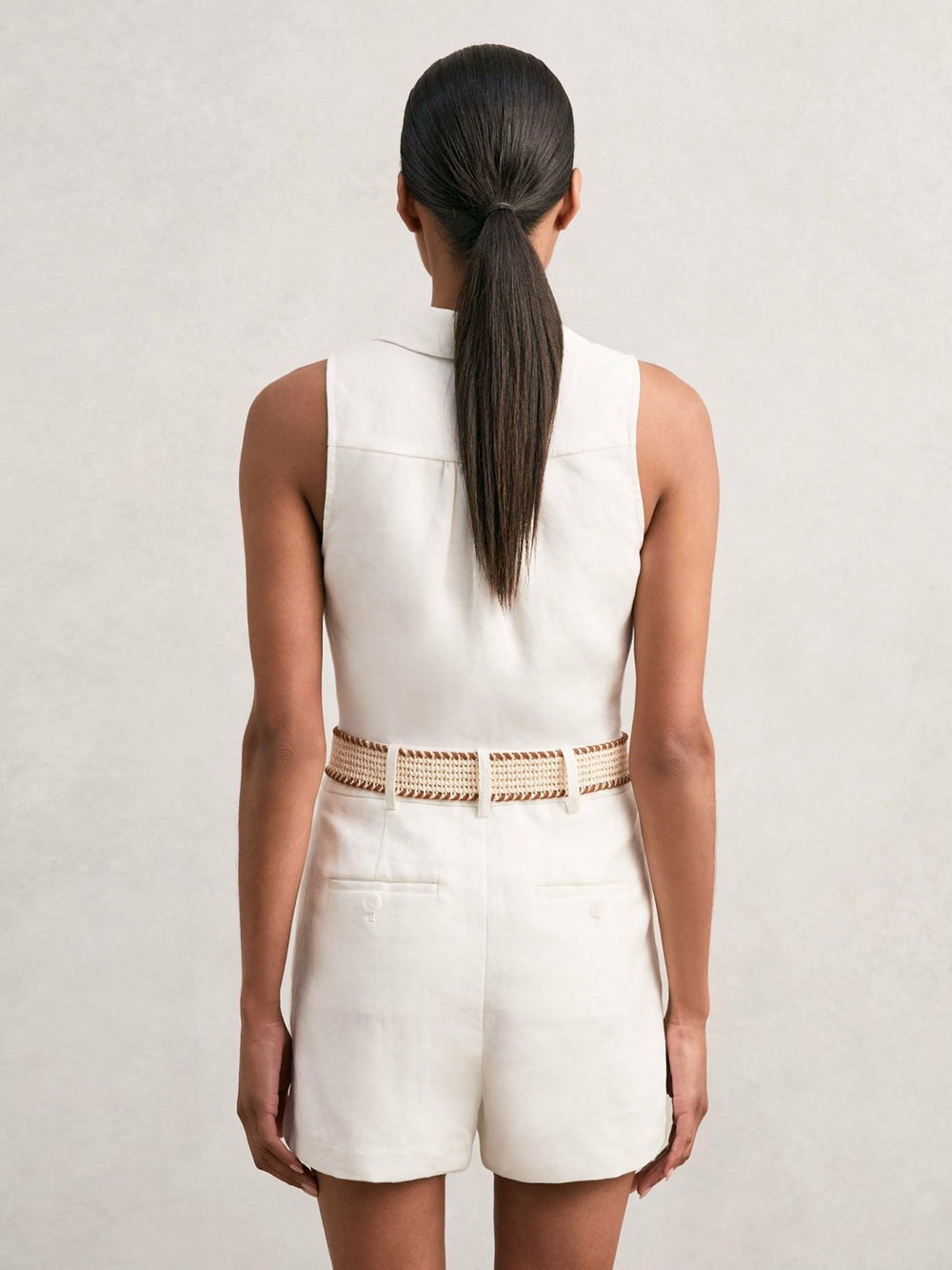 Reiss | Linen Belted Sleeveless Wrap Playsuit in Cream