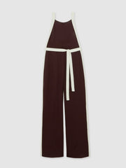 Reiss | Petite Colourblock Wide Leg Belted Jumpsuit in Burgundy/Cream