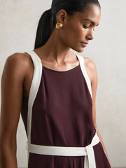 Reiss | Petite Colourblock Wide Leg Belted Jumpsuit in Burgundy/Cream