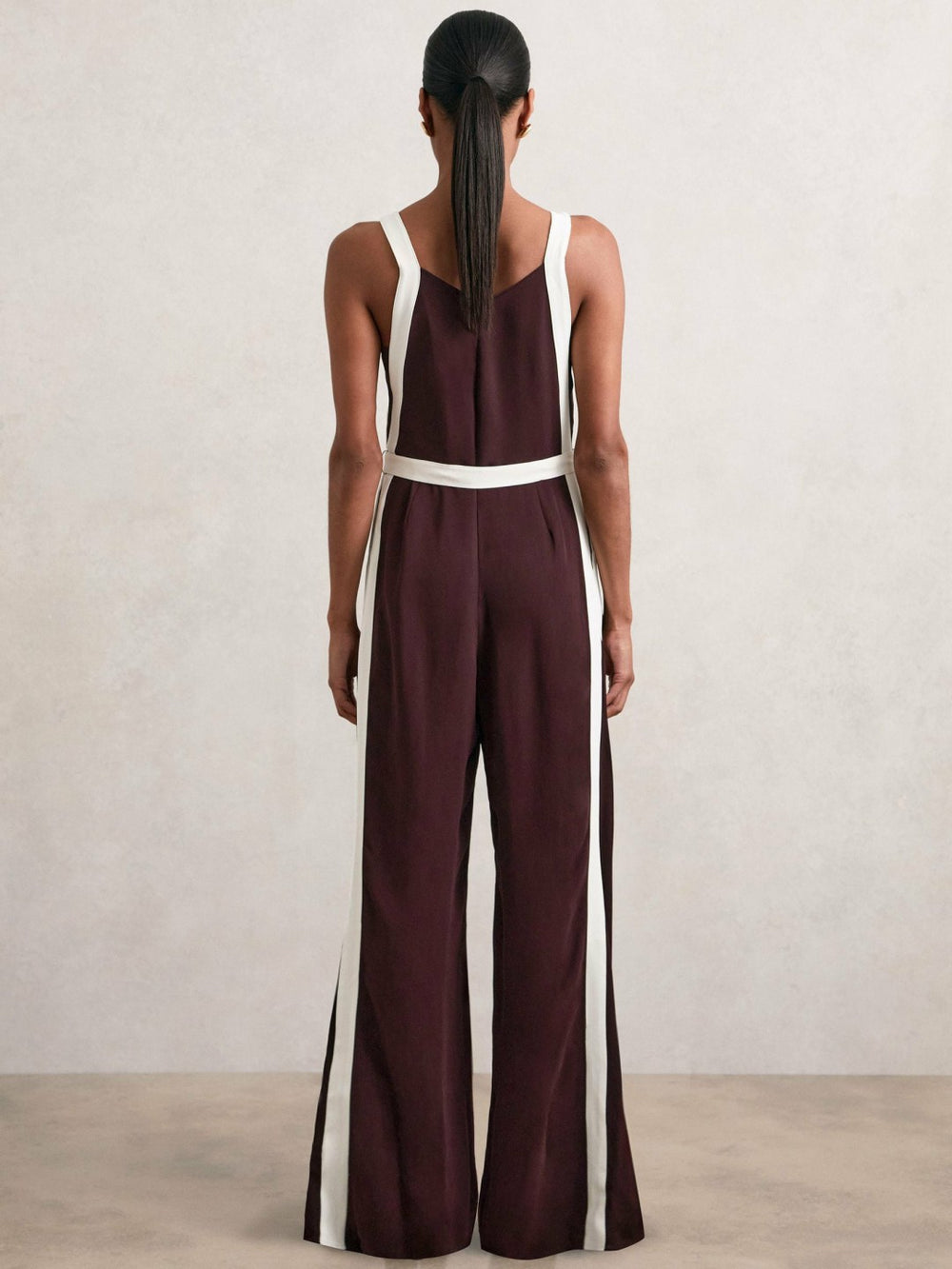 Reiss | Petite Colourblock Wide Leg Belted Jumpsuit in Burgundy/Cream