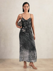 Reiss | Printed Maxi Slip Dress in Navy