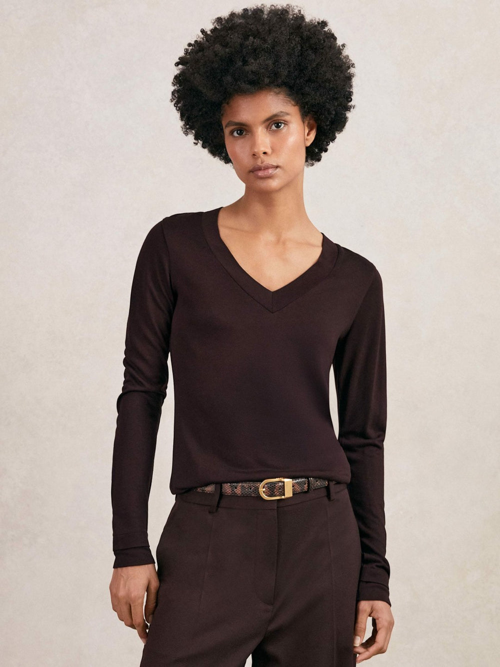 Reiss | Jersey V-Neck Top in Plum