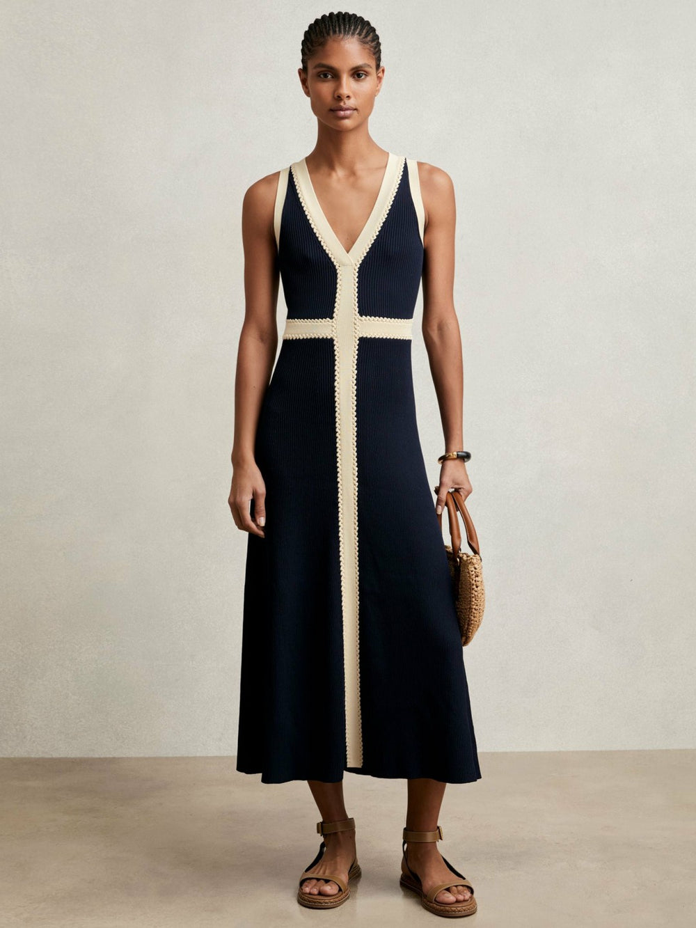 Reiss | Craft-Stitch Knitted Midi Dress in Navy