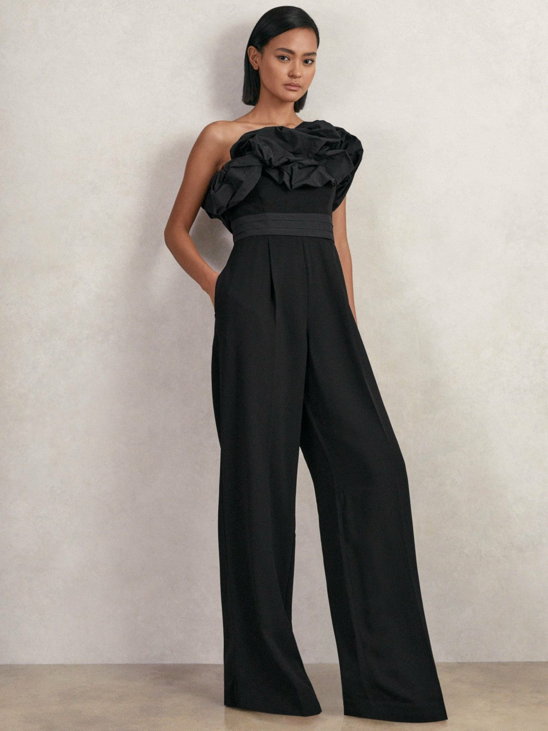 Reiss | Sculptural Strapless Wide-Leg Jumpsuit in Black