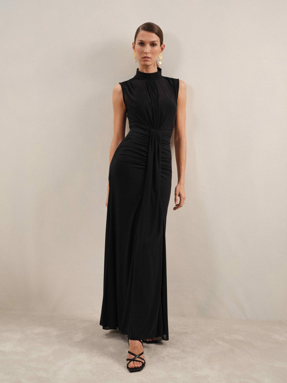 Reiss | Petite Sheer Ruched Maxi Dress in Black