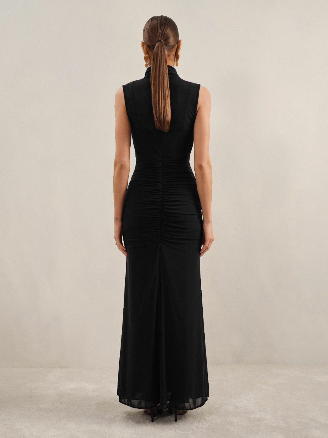 Reiss | Petite Sheer Ruched Maxi Dress in Black