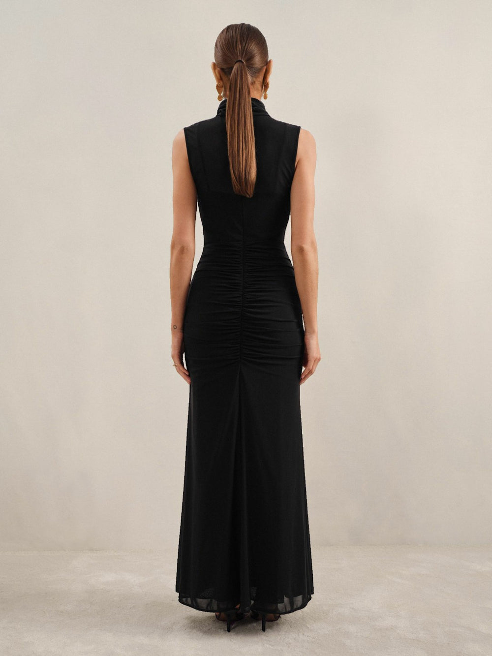 Reiss | Petite Sheer Ruched Maxi Dress in Black