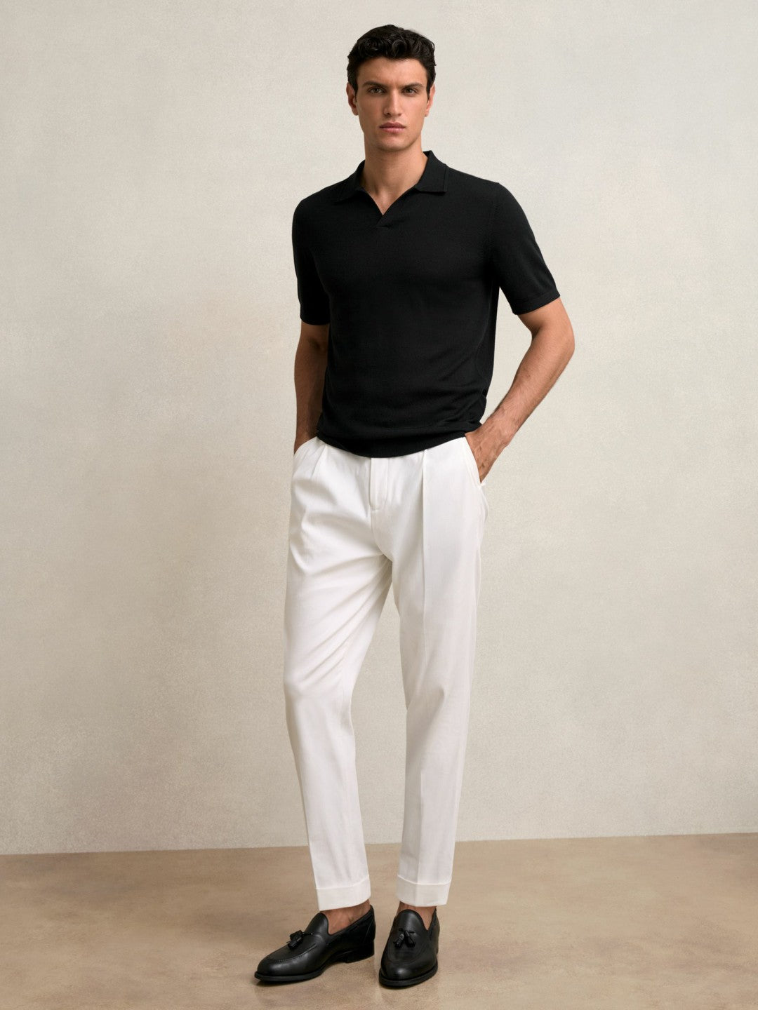Reiss | Merino Wool Open Collar Polo Shirt in Black