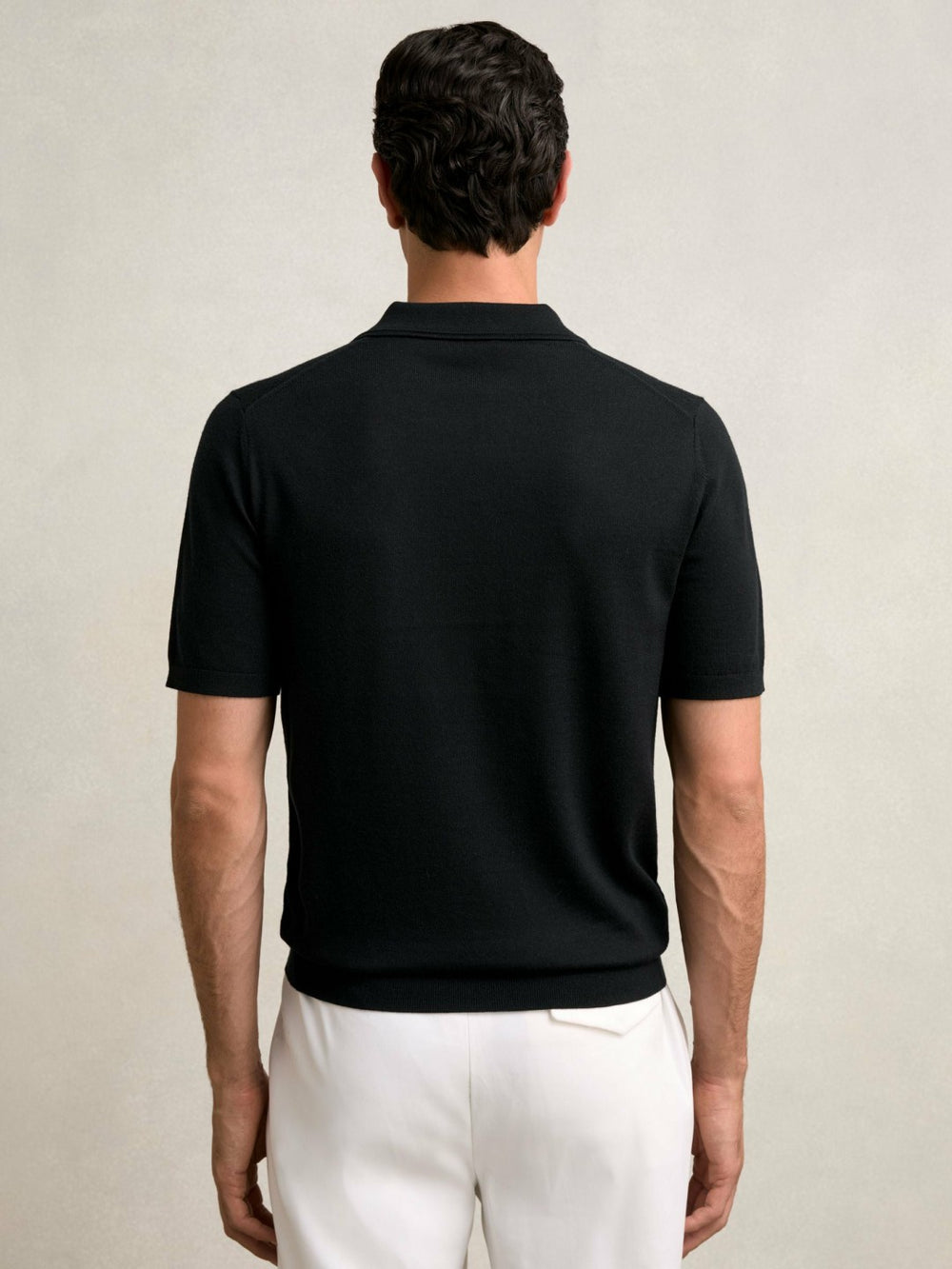 Reiss | Merino Wool Open Collar Polo Shirt in Black