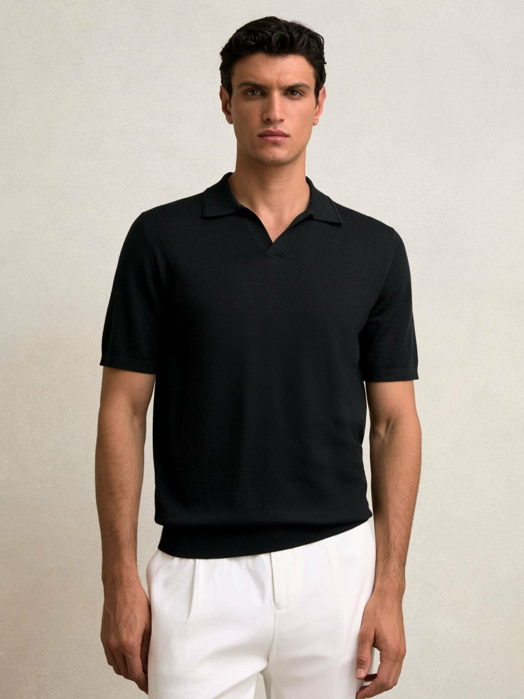 Reiss | Merino Wool Open Collar Polo Shirt in Black