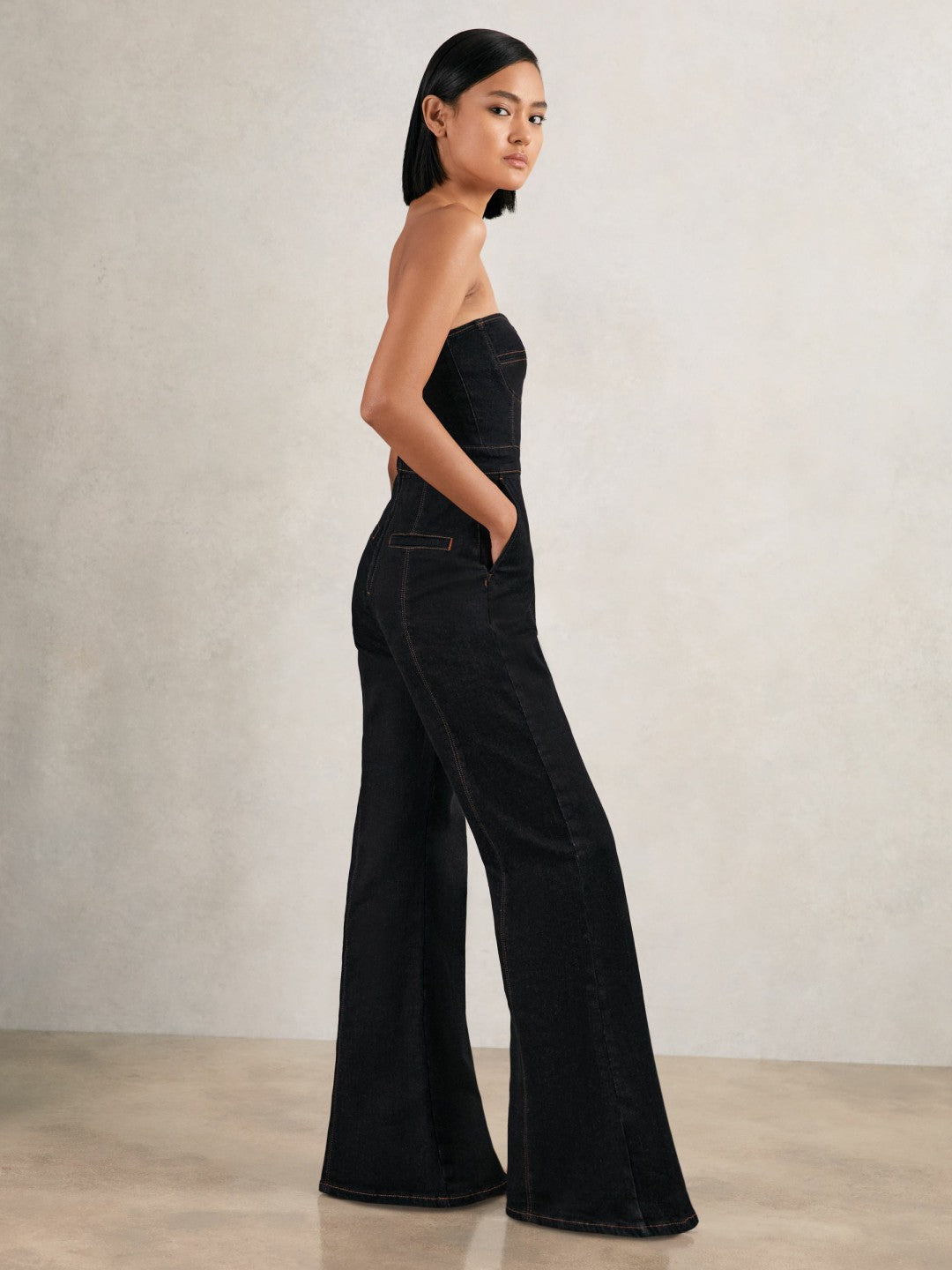 Reiss | Strapless Wide Leg Denim Jumpsuit in Indigo Blue