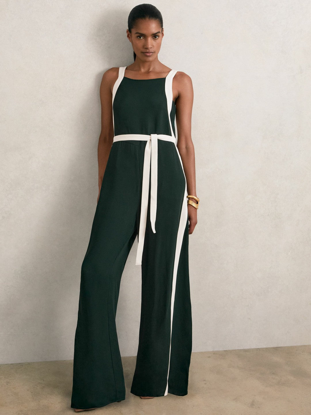 Reiss | Petite Colourblock Wide Leg Belted Jumpsuit in Dark Green/Cream