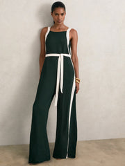 Reiss | Petite Colourblock Wide Leg Belted Jumpsuit in Dark Green/Cream