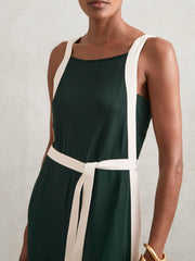 Reiss | Petite Colourblock Wide Leg Belted Jumpsuit in Dark Green/Cream