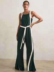 Reiss | Petite Colourblock Wide Leg Belted Jumpsuit in Dark Green/Cream