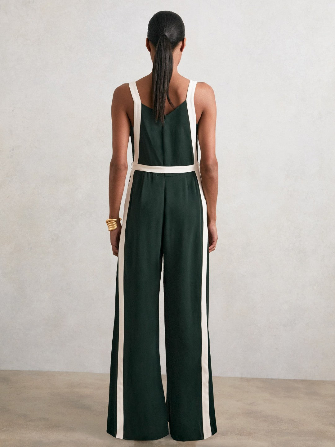 Reiss | Petite Colourblock Wide Leg Belted Jumpsuit in Dark Green/Cream