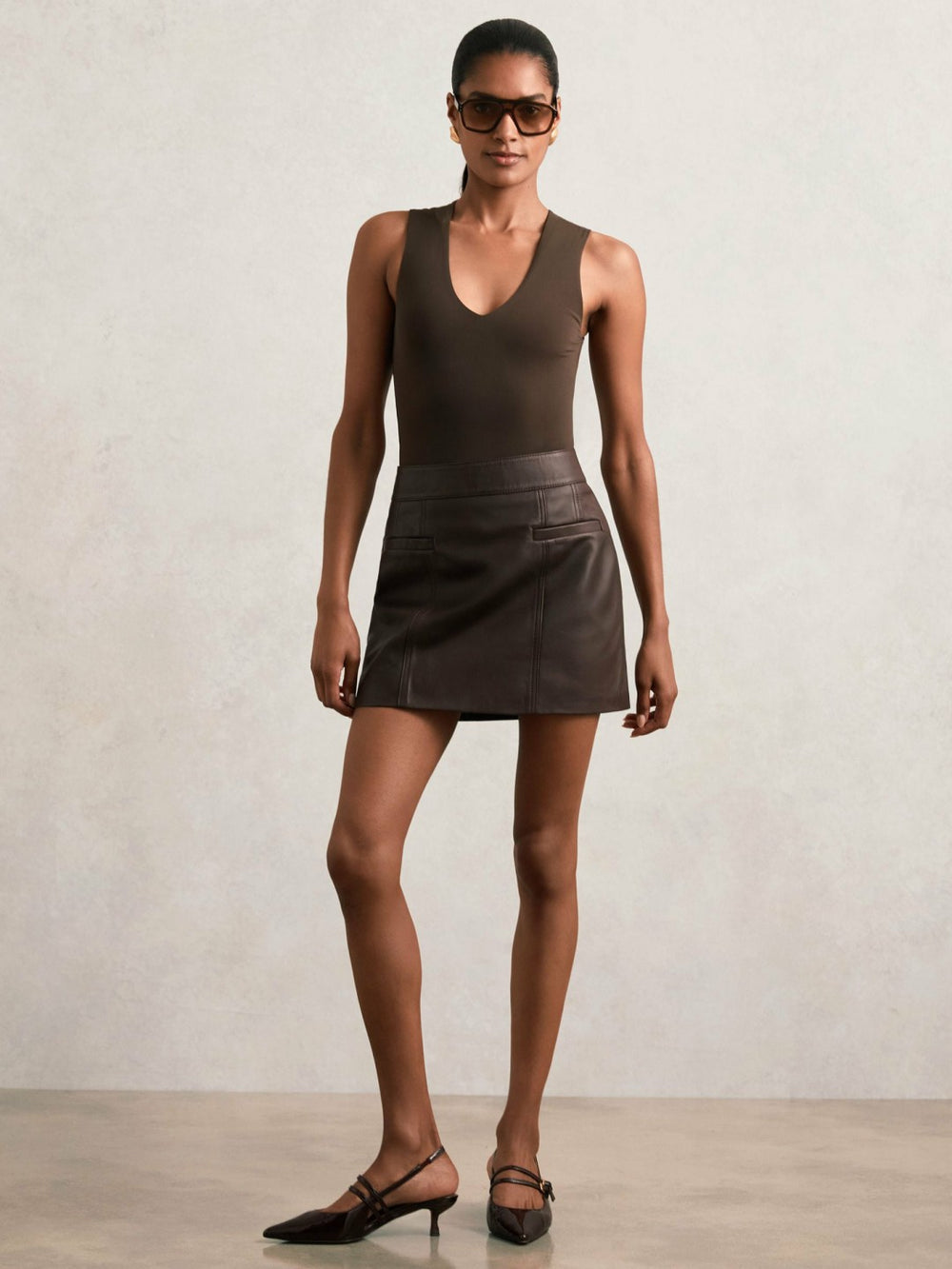 Reiss | Leather Welt-Pocket Mini Skirt in Burgundy