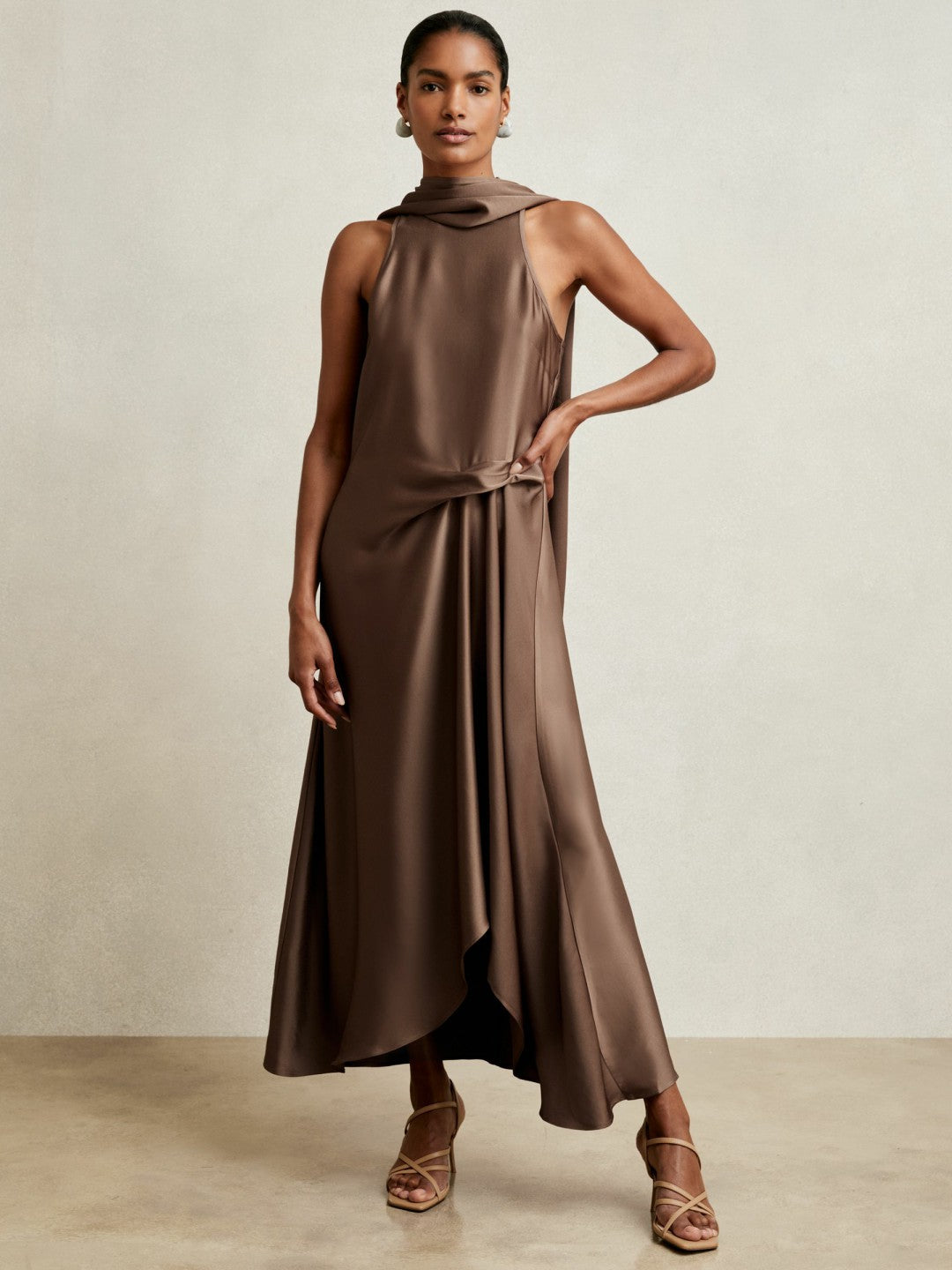 Reiss | Satin Tuck-Detail Cape Midi Dress in Taupe Brown