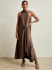 Reiss | Satin Tuck-Detail Cape Midi Dress in Taupe Brown