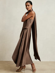 Reiss | Satin Tuck-Detail Cape Midi Dress in Taupe Brown