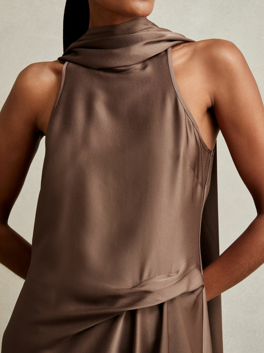 Reiss | Satin Tuck-Detail Cape Midi Dress in Taupe Brown