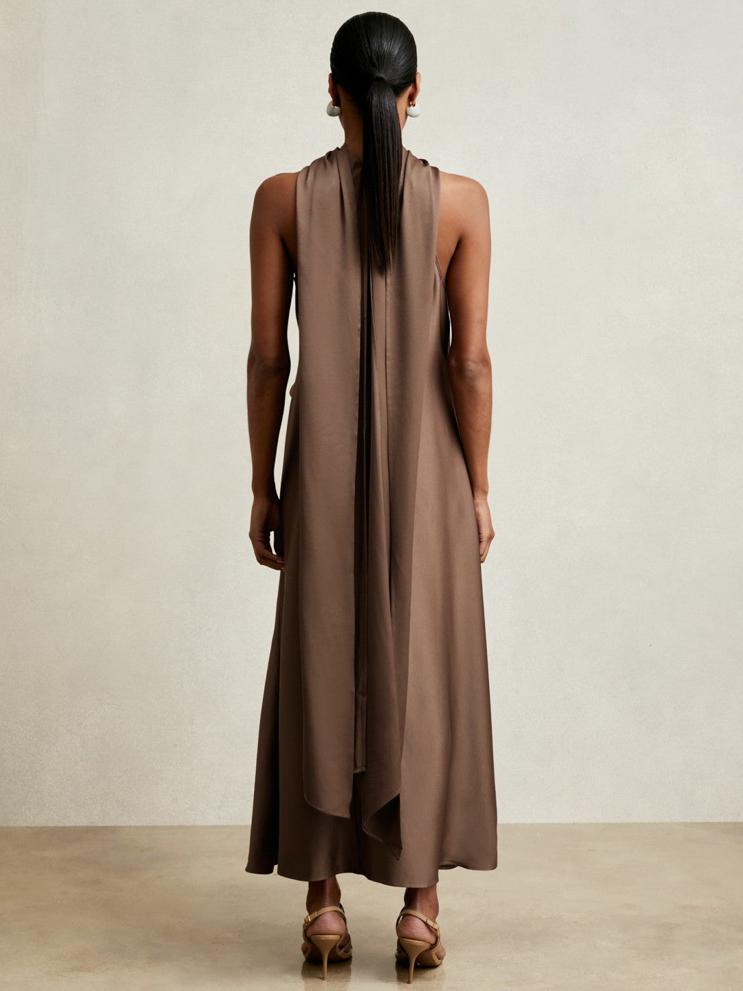 Reiss | Satin Tuck-Detail Cape Midi Dress in Taupe Brown