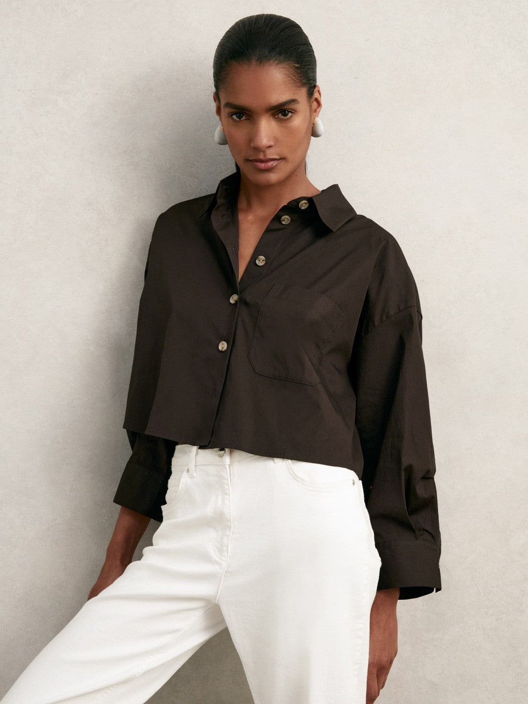 Reiss | Oversize Cotton Cropped Shirt in Chocolate Brown