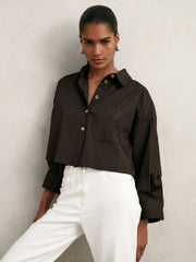 Reiss | Oversize Cotton Cropped Shirt in Chocolate Brown