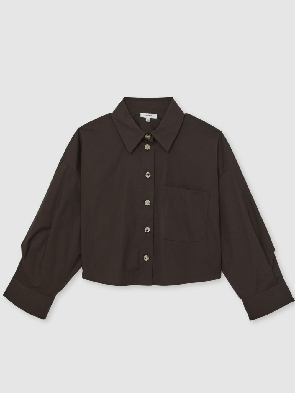 Reiss | Oversize Cotton Cropped Shirt in Chocolate Brown