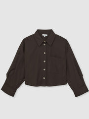 Reiss | Oversize Cotton Cropped Shirt in Chocolate Brown