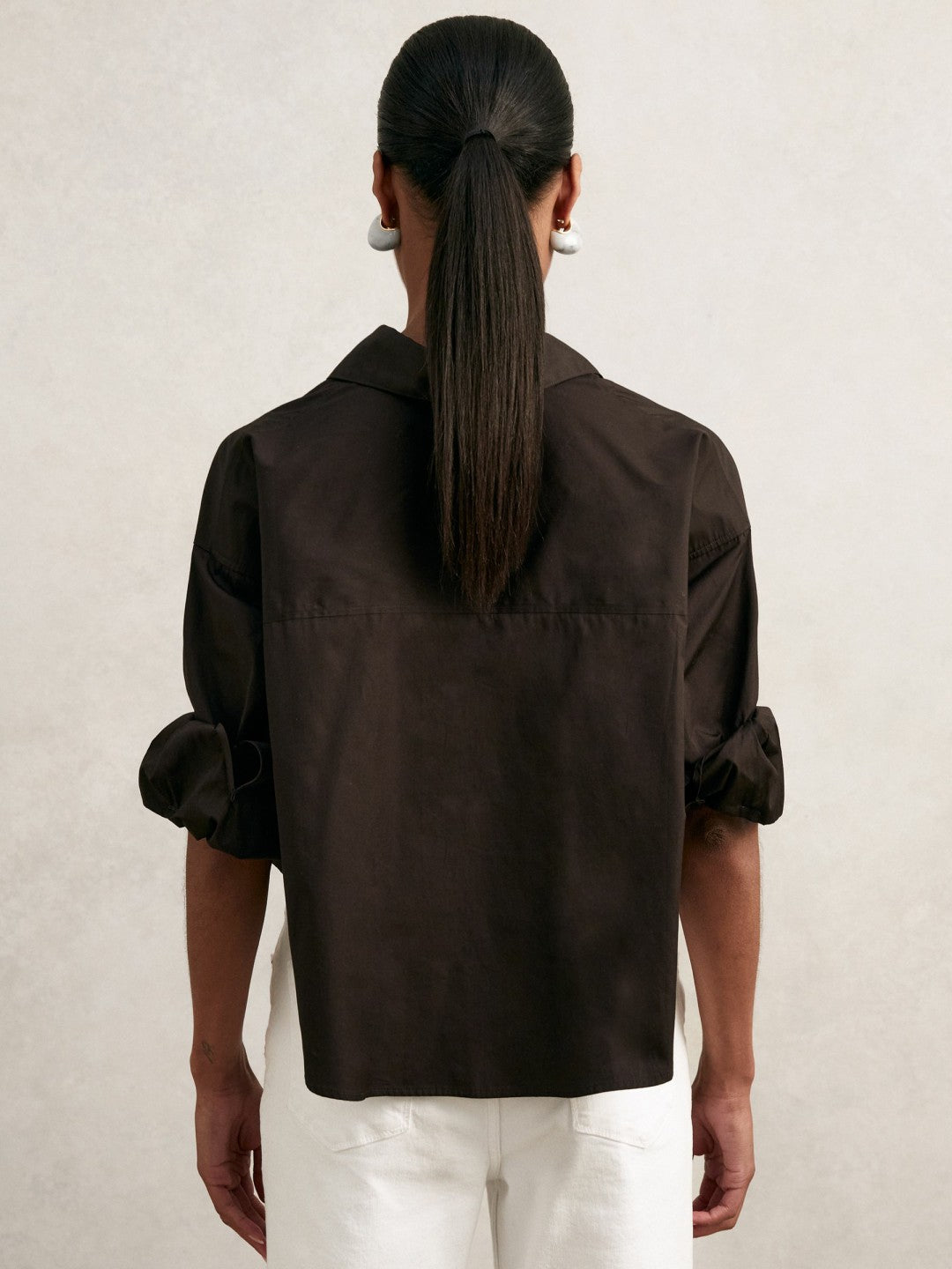 Reiss | Oversize Cotton Cropped Shirt in Chocolate Brown