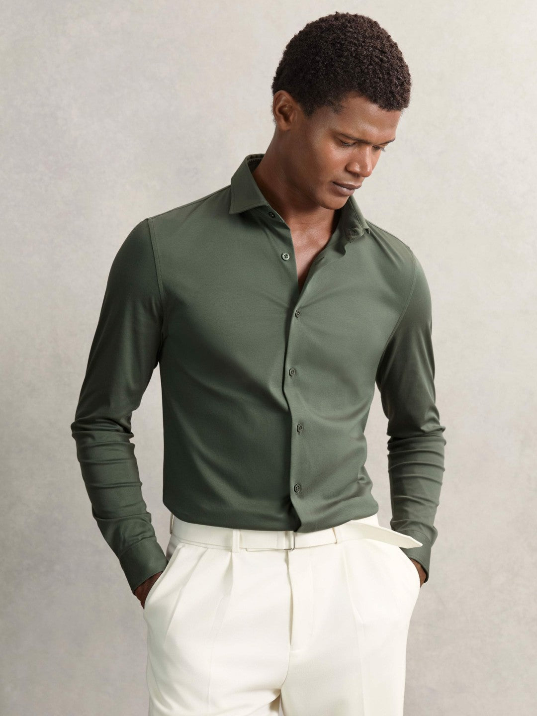 Reiss | Cotton-Jersey Button-Through Shirt in Kale Green