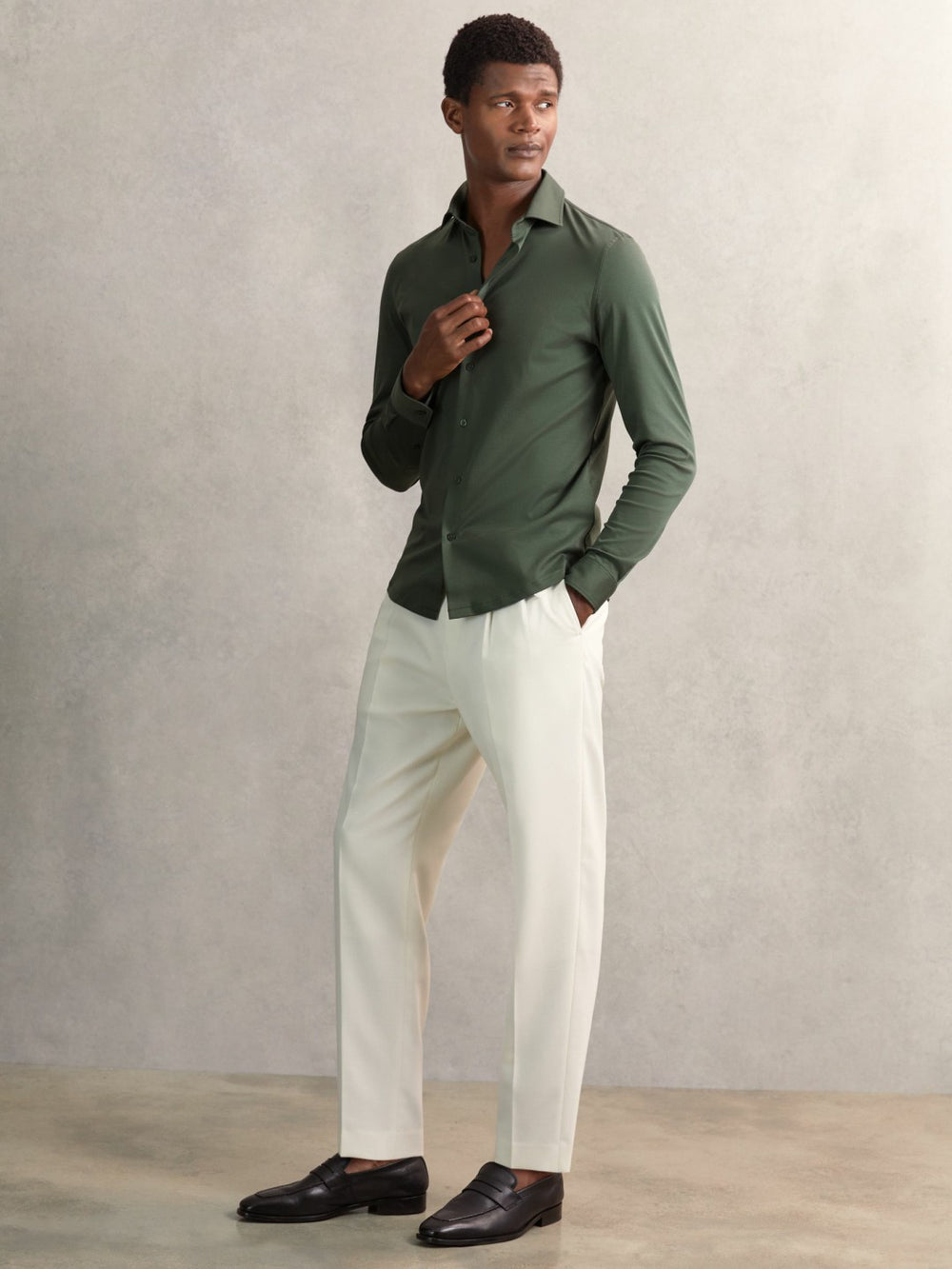 Reiss | Cotton-Jersey Button-Through Shirt in Kale Green
