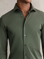 Reiss | Cotton-Jersey Button-Through Shirt in Kale Green