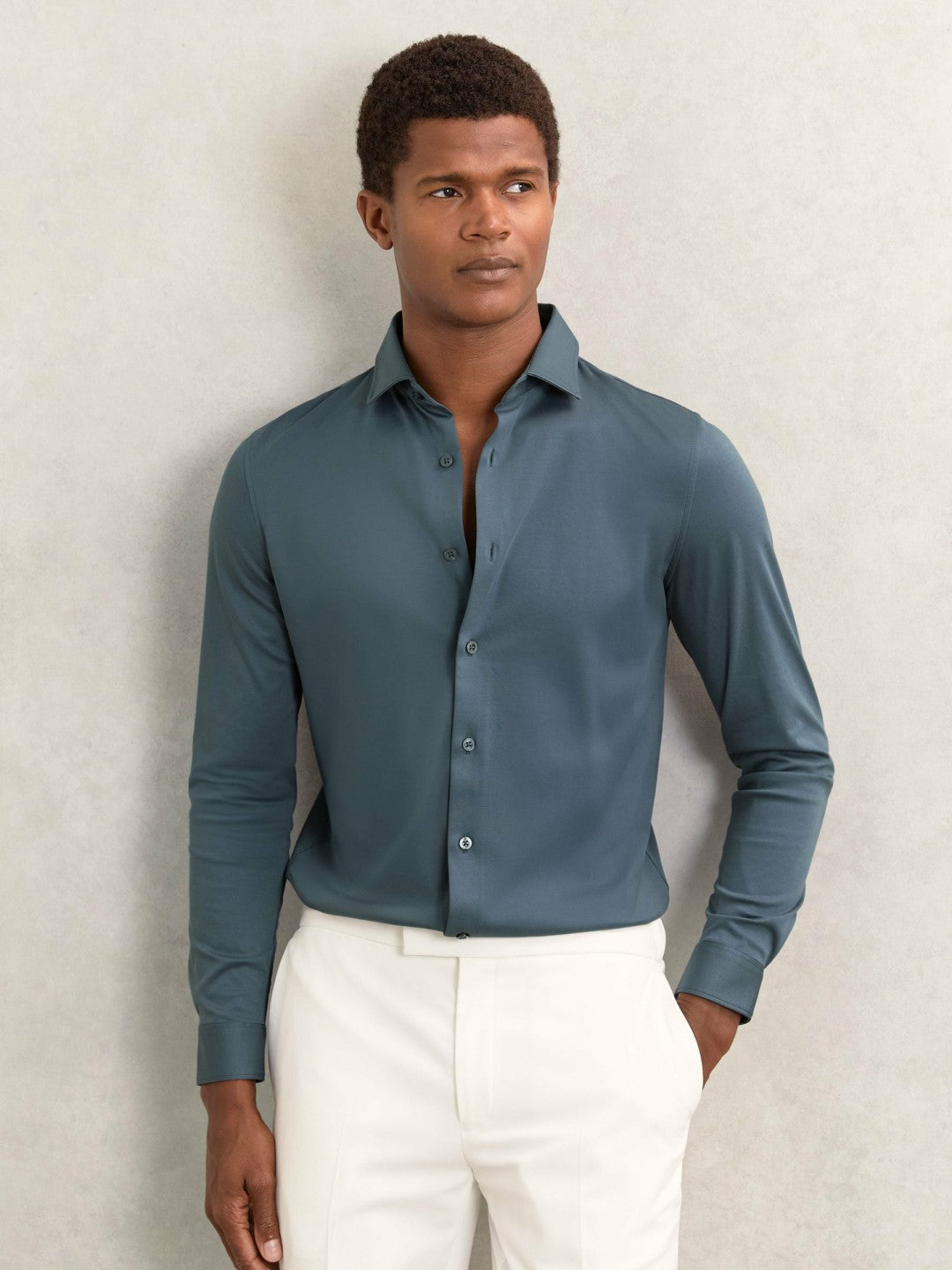 Reiss | Cotton-Jersey Button-Through Shirt in Airforce Blue