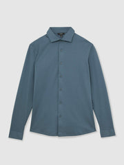 Reiss | Cotton-Jersey Button-Through Shirt in Airforce Blue