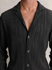 Reiss | Plissé Cuban-Collar Long-Sleeve Shirt in Black