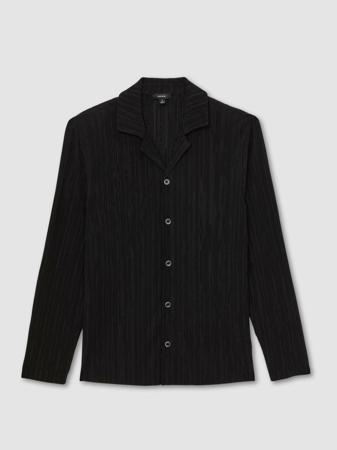 Reiss | Plissé Cuban-Collar Long-Sleeve Shirt in Black