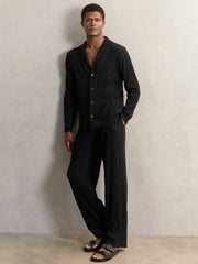 Reiss | Plissé Cuban-Collar Long-Sleeve Shirt in Black